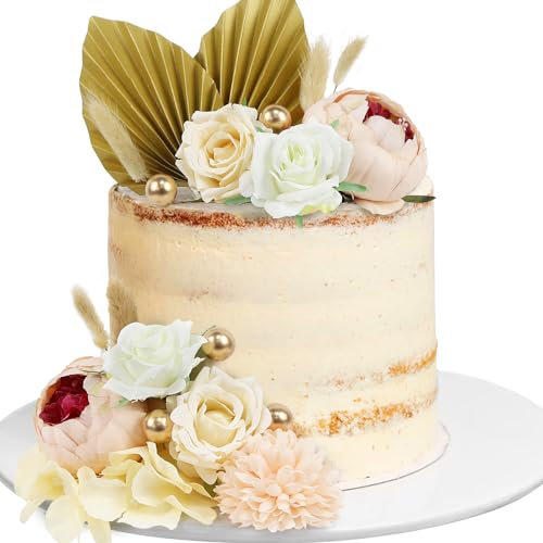 LARDUX 20 PCS Cake Topper Flower - Boho Cake Flower Decorations Palm Fan Artificial Rose Flowers Gold Mini Ballon Cake Toppers for DIY Wedding Birthday Party