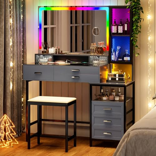 Lvifur Led Schminktisch Mit Spiegel und hocker und Beleuchtung,Schminktisch mit USB Anschluss und Kabellosem Laden,RGB 24 Licht Schminktische mit 6 Schublade für Schlafzimmer
