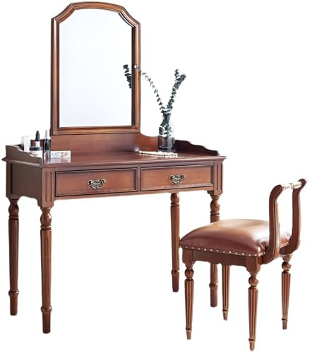 Antike Holz Schminktisch Set, klassisch rustikale Frisiertisch mit 2 Schubladen und Spiegel, gepolsterte Hocker, Schlafzimmer Eitelkeit Kosmetiktisch für Frauen Mädchen (Color : Walnut, Size : 80cm/
