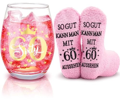 Nuenen Lustiges Geschenkset zum 60. Geburtstag für Frauen - Inkl. Rotweingläser & Socken Geschenk für Damen, Mutter oder Oma zum 60. Geburtstag