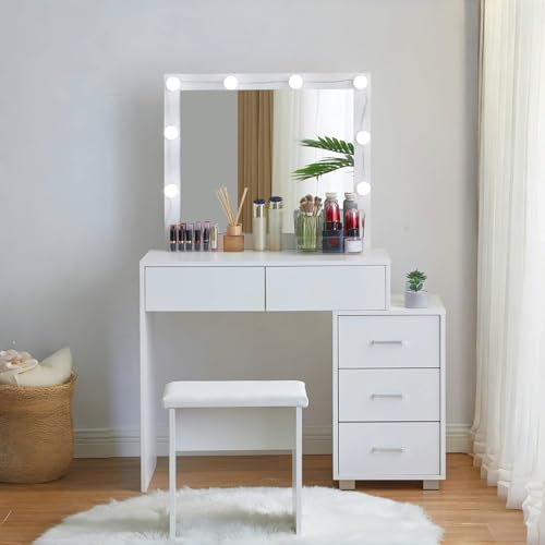 CLIPOP Schminktisch mit Spiegel und Beleuchtung,Verstellbare Helligkeit,Make-up Tisch mit 5 Schubladen und Dehnbarem Nachttisch,Modernes Frisiertisch Kosmetiktisch Hocker Set Schlafzimmermöbel