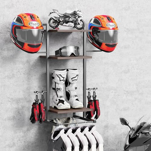 BEGULF 3-In-1 Helmet Holder Wall Mount, Retro 3-Tier Motorcycle Helmet Rack, Helmet Hanger for Football, Tactical Gear Stand (3-TIERS)