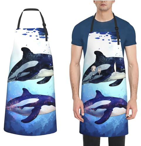 HCLYvexiria Adjustable Apron for Men Women Bib with 2 Pocket Palm Trees Beach Sea Ocean Cooking Aprons Chef Bibs for Baking, Orca Killer Whale, One Size