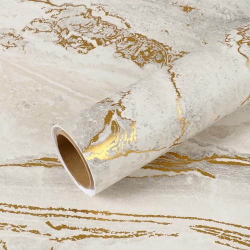 VEELIKE Papier Adhesif Marbre Beige - Doré Crème - Imperméable - 40 x 900 cm - Adhésif Cuisine - Salon - Salle de Bain