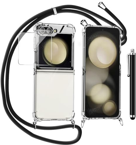 TTSWJBD Coque pour Samsung Galaxy Z Flip 6 avec Verre Trempé Protection écran Cordon de Collier Réglable Chaîne Antichoc Transparente Silicone Lanyard Case, Housse Étui de Protection - Noir