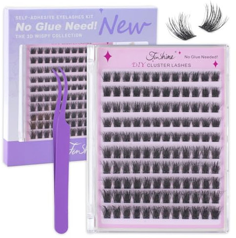Fenshine Self Adhesive Lash Clusters, No Glue Lash Extensions Reusable 10-16 mm Self Adhesive DIY Eyelash Extensions, Individual Lashes No Glue Needed Natural Look (3D WIPSY T50, 10-16mm)