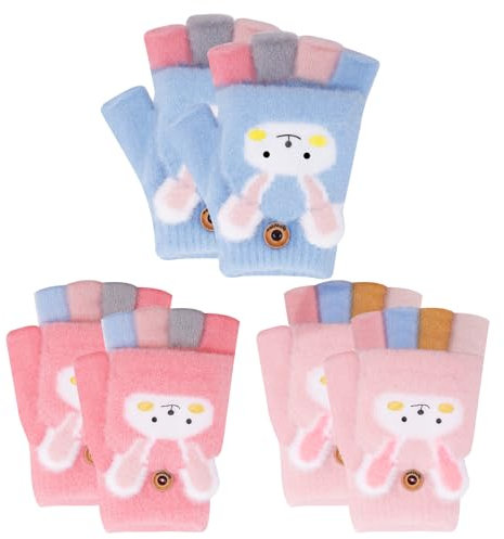 taonganui 3 Paar Halbfinger Handschuhe Kinder mit Flip Top, Baby Handschuhe Winter Cartoon Fingerhandschuhe, Fingerlose Handschuhe Kinder Warme Winterhandschuhe für Mädchen und Jungen 3-6 Jahre
