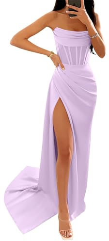 KURFACE Plus Size Satin Lilac Prom Dresses with Slit for Teens 2024 Mermaid Formal Dress Evening Gown UK32