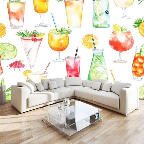 Aquarellmalerei Fototapete Vlies Tropische Getränke Und Cocktails 3D Wandbild, Uv-Beständig & Schadstofffrei, Modernes Wanddeko, Für Wohnzimmer, Schlafzimmer, Kinderzimmer B300 X H210 Cm