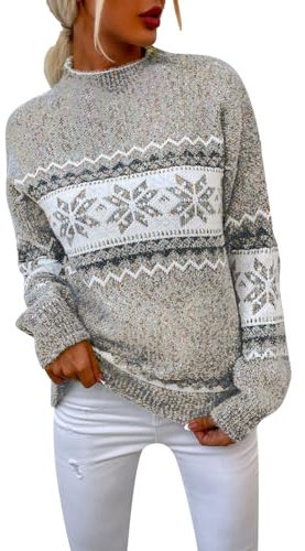 Norweger Pullover Damen Herbst Winter Strickpullover Langarm Winterpullover Warm Norwegermuster Sweatshirt Rundhals Sweater Jumpers Island Strickpulli Frauen Festliche Oberteile Pulli Damenpullover