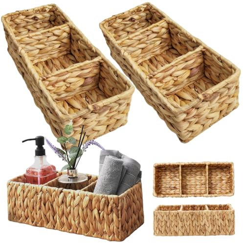 KYEQATY Panier De Jacinthe d'eau 2pcs 3 Compartiments TisséS De Rangement Tissé des Paniers De Rangement Naturel Rustique Panier De Jacinthe pour Toilettes Serviette De Serviette à La TéLéCommande