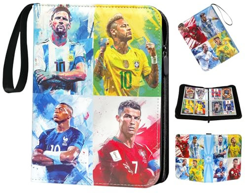 Oirigaga Fussball Sammelkarten Album 4 Fächer, Fußball Karten Sammelalbum Sammelmappe Sammelheft Sammelbuch mit Reißverschluss Tragegriff und 50 Hüllen für 400 Karten, Sport Karten Heft Ordner Mappe