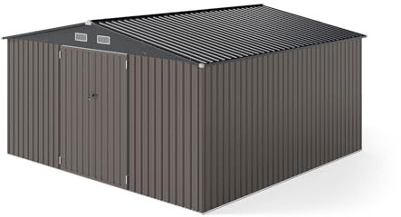 GOPLUS - Caseta de jardín de metal de aluminio, 350 x 350 x 198 cm, techo inclinado, cabaña de jardín exterior con 2 puertas cerradas, ventana de ventilación, ideal para terraza, césped