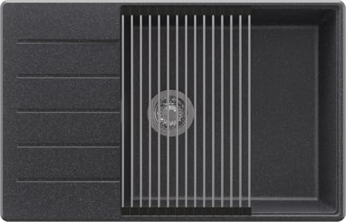 PRIMAGRAN Spülbecken ab 60er Unterschrank + Ablauf-Set, 78x50cm | Set: Ablauf-Set (Siphon, Ablaufgarnitur, Überlauf) + Abtropfmatte + Granitspüle 1 Becken - Kopenhagen Top, Anthrazit