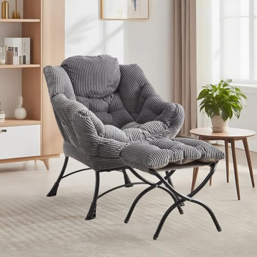 LIFEISLE Ohrensessel Stuhl mit Hocker, Lazy Chair, Relaxsessel mit Armlehnen, Moderner Loungestuhl mit Fußstütze und Seitentasche im Wohnzimmer Schlafzimmer Lesesessel,Cord Grau