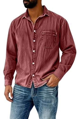 Generisch Men's Long-Sleeved Denim Shirt, Regular Fit, Vintage Work Shirt, Winter Casual Shirts, Kent Collar Shirt Jacket, Long Sleeve Shirt with Chest Pocket, Overshirt, Long Sleeve Shirt, O Red, M