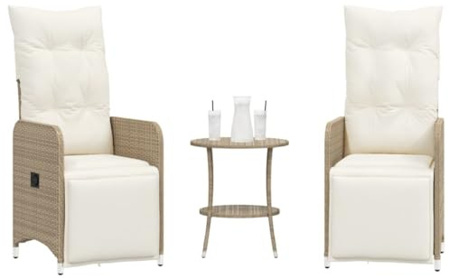 Tonture Gartensessel 2er-Set, Verstellbar, Beige Poly Rattan, mit Tisch, UV-beständig, für Outdoor, Balkon & Terrasse, Bequeme Relaxsessel