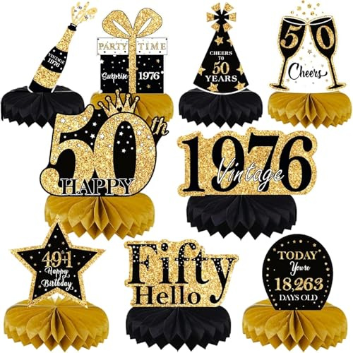 NINESPRING 50. Geburtstag Tischdeko Schwarz Gold,9 Stück Bienenwaben Deko Tischaufsätze Set,Tischdekoration für 50. jährige,50 Geburtstag Deko für Männer und Frauen