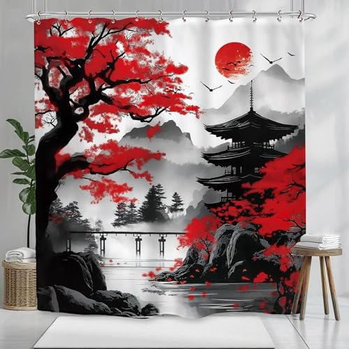UUZEAI Japanischer Duschvorhang 120 x 200 cm Kirschblüten-Motiv, asiatisch-orientalisches Badezimmerdekor, wasserdichter Stoff, Duschvorhang-Set mit Haken, Rot und Schwarz
