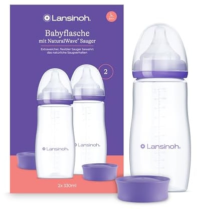 Lansinoh Babyflaschen mit NaturalWave Sauger L, 330 ml, 2 Stück | Flaschen für Babys ab 6 Monaten, Anti-Kolik-Ventil, BPA-frei