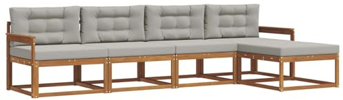 vidaXL Outdoor-Sofagarnitur mit Kissen 5 pcs Natürlich und Hellgrau, Outdoor-Möbel-Set, modernes Patio-Sofa, wetterfestes Lounge-Set, Latten-Sofa, modulares Sofa