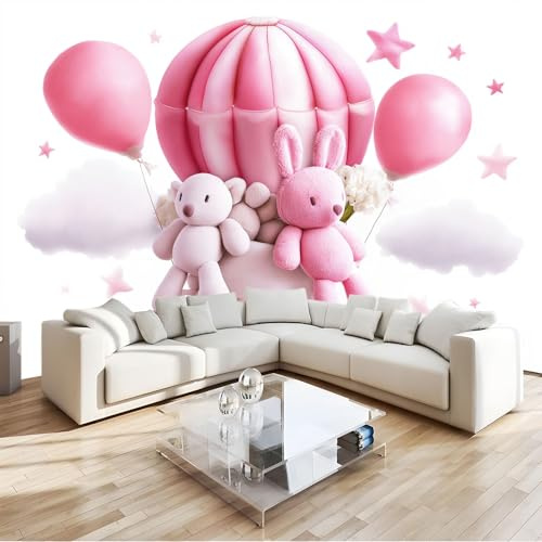Générique Papier Peint Panoramique Dessin Animé Féerique Ballons Ours Peluche Étoiles Rose, Papier Peint Intissé 3D pour Chambre d'Enfant et Salon, Décoration Murale XXL 250 x 175 cm