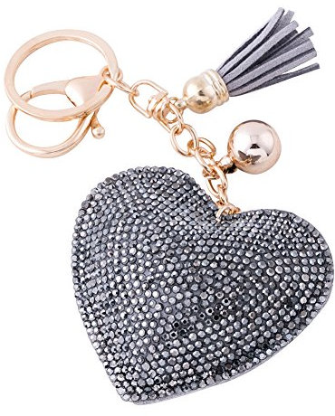 Soleebee Leder Liebes-Herz Keychain Bling Kristallstrass Taschen Koffer Rucksäcke Zubehör Charm Auto Schlüsselanhänger Schlüsselring mit Quasten (Grau)