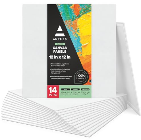 Arteza Malkarton, Leinwand 30.4 x 30.4 cm 14er-Pack, weiße grundierte Leinwand quadratisch 100% Baumwolle, für Malerei, Acrylgießen, Ölfarben & nasse Kunstmedien, Malpappe für Profis & Hobbymaler