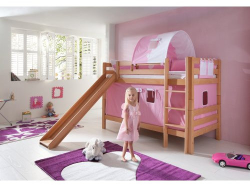 Relita Etagenbett Bill, Buche Natur massiv, mit Rutsche + Stoffset rosa-wei