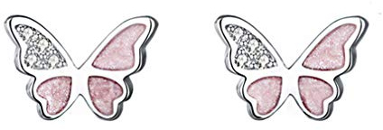 HAISWET Pink Enamel Butterfly 925 Sterling Silver Stud Earrings White Cubic Zirconia