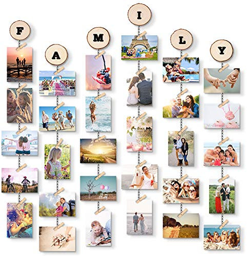 Uping Bilderrahmen Collage,Hängender Bilderrahmen mit 6 Linien und 30 Holzklammern (Mit Alphabet und Zahlenaufkleber)