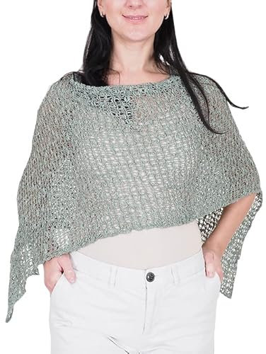Mimosa Damen Schlichtes Stretch-Fischnetz häkeln Fledermaus Kleiner Poncho im Popcorn-Stil Stricken (One Size, Smoke Green)