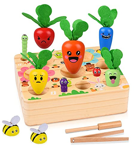 Ulikey Montessori Spielzeug ab 3 Jahre, Holzspielzeug Farmspiel Sortierspiel, Angelspiel Spielzeug, Karottenernte Lernspielzeug Geburtztag Geschenk für Jungen Mädchen