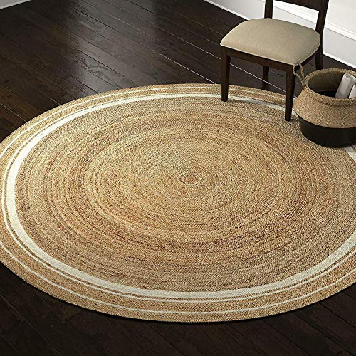 Vipanth Natürlicher Jute-Teppich mit weißer Linie, handgefertigt, wendbar, rund, Handgeflochtener Teppich für Wohnkultur (180 x 180 cm rund)