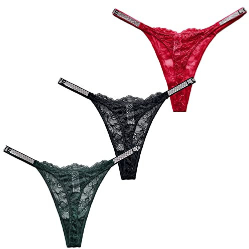SEAUR Perizoma da Donna Sexy Hot Filo Slip Intimo Mutande in Pizzo Trasparente Tanga Elasticizzato con Strass Confezione da 3 Mutandine Vita Bassa, Taglia M