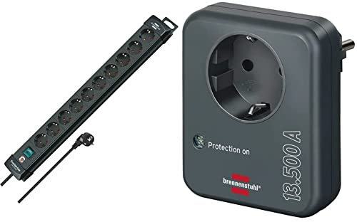 Brennenstuhl Premium-Line, Steckdosenleiste 10-Fach (mit Schalter und 3m Kabel) schwarz & Steckdosenadapter mit Überspannungsschutz 13.500 A (Adapter als Blitzschutz für Elektrogeräte) anthrazit