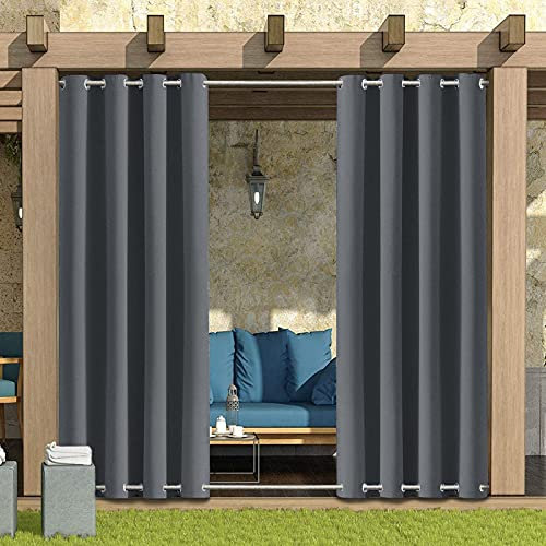 MINGPINHUIUS Outdoor Curtains Waterproof w/ Grommet (Top & Bottom), Garden Gazebo Patio Windproof Blackout Thermal Insulated Privacy Curtain for Pergola Porch Pool (Grey, 2 Panel 52''x84'') (CL1)