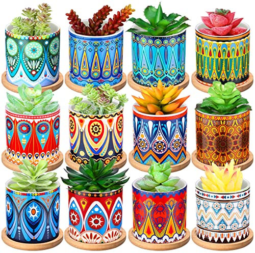 Sukkulenten-Übertöpfe, 7,6 cm, zylinderförmig, Keramiktöpfe, Mandala, mehrfarbig, Kaktus-Topf mit Ablauflöchern und Bambus-Tabletts für Zimmerpflanzen, Blumen, Sukkulenten, Kakteen, Gartendekoration,