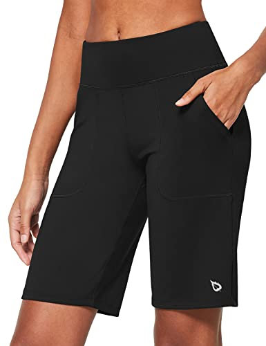 baleaf Damen 10 Bermuda Shorts Knielang Sommer Kurze Hose Hohe Taile Sporthose kurz mit Taschen Laufshorts Runningshorts Schwarz XL