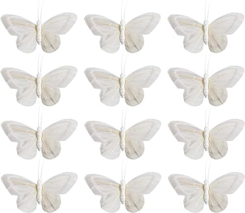 YCHTEWY Feder-Schmetterling-Dekoration auf Plektren, Blumenbedarf, Set mit 12 Stück, mit Draht, weiße Schmetterlinge, Schmetterlinge für Blumenarrangements (B)