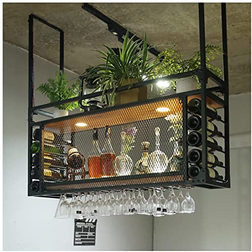 Hängendes Weinglasregal, Hängendes Weinregal mit Glashalter und Regal, Metall-Deckenregal mit Geländer, Kelch-Stielgläser-Regale, Schwarzes Metall-Deckenregal für Bar-Café-Küche ( Color : Black , Size