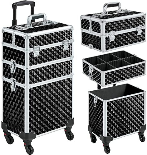 costoffs Rolling Makeup Train Case 3 in 1 Cosmetic Case Professional Makeup Suitcase Large Aluminum Cosmetic Trolley with Swivel Wheels and Key Black