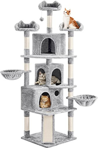 Abician Arbre à Chat Tour d'escalade 194 cm XXL, avec 3 Niches/3 Plateformes/2 Paniers/Poteaux en Sisal/Perchoirs, Multiniveau, Intérieur, pour 3-4 Chats, Gris Clair