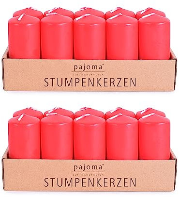 pajoma® Stumpenkerzen Rot - 2x 10 Stück | Ø 4 x 9 cm | Brenndauer: ca. 9 Stunden | Hochwertiges Paraffin & Baumwolldocht | ideal für Gastronomie, Hotels, Kirchen & Feierlichkeiten
