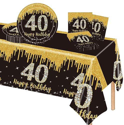 POPOYU 37 Pièces Assiette Vaisselle Jetable Anniversaire Kit,Noir Or Decoration Anniversaire Vaisselle 40 Ans Garçon Fille,Nappe Papier Assiette Serviette pour Decoration Anniversaire 40 Ans Cadeau