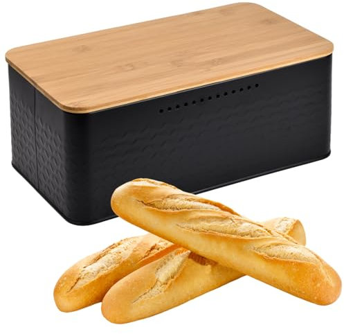 Black Metal Bread Bin, Small Bread Box with Cutting Board, Bread Storage Container for Kitchen, Keeps food Long Lasting Freshness, 33x18x13.5 cm, Rectangular Bread Box for Housewarming Present (Black)