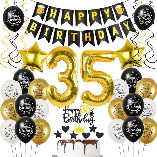 Deko 35 Geburtstag Deko Mann Frauen, Luftballon 35. Geburtstag Schwarz Gold, Geburtstagsdeko 35 jahre Mann Luftballon, Tortendeko 35. Männer Geburtstagsdeko 35 jahre für Frau
