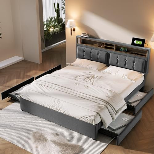 Merax Polsterbett 160x200cm mit USB C Steckdose, Doppelbett Stauraumbett mit 4 Schubladen & Lattenrost, Bettgestell mit Verstellbares Stauraum Kopfteil, Funktionsbett, Leinen, Ohne Matratze, Grau