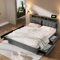Merax Polsterbett 160x200cm mit USB C Steckdose, Doppelbett Stauraumbett mit 4 Schubladen & Lattenrost, Bettgestell mit Verstellbares Stauraum Kopfteil, Funktionsbett, Leinen, Ohne Matratze, Grau