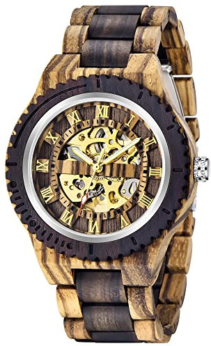 Tiong Herren Holzuhr, Automatik, Skelettuhr, Geschenk für Männer, Rund, Schwarz, Holzgehäuse